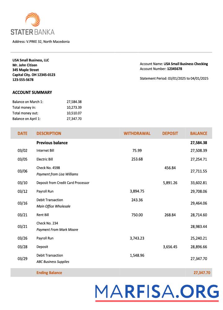 Printable North Macedonia Stater Banka firm account statement Word and PDF template